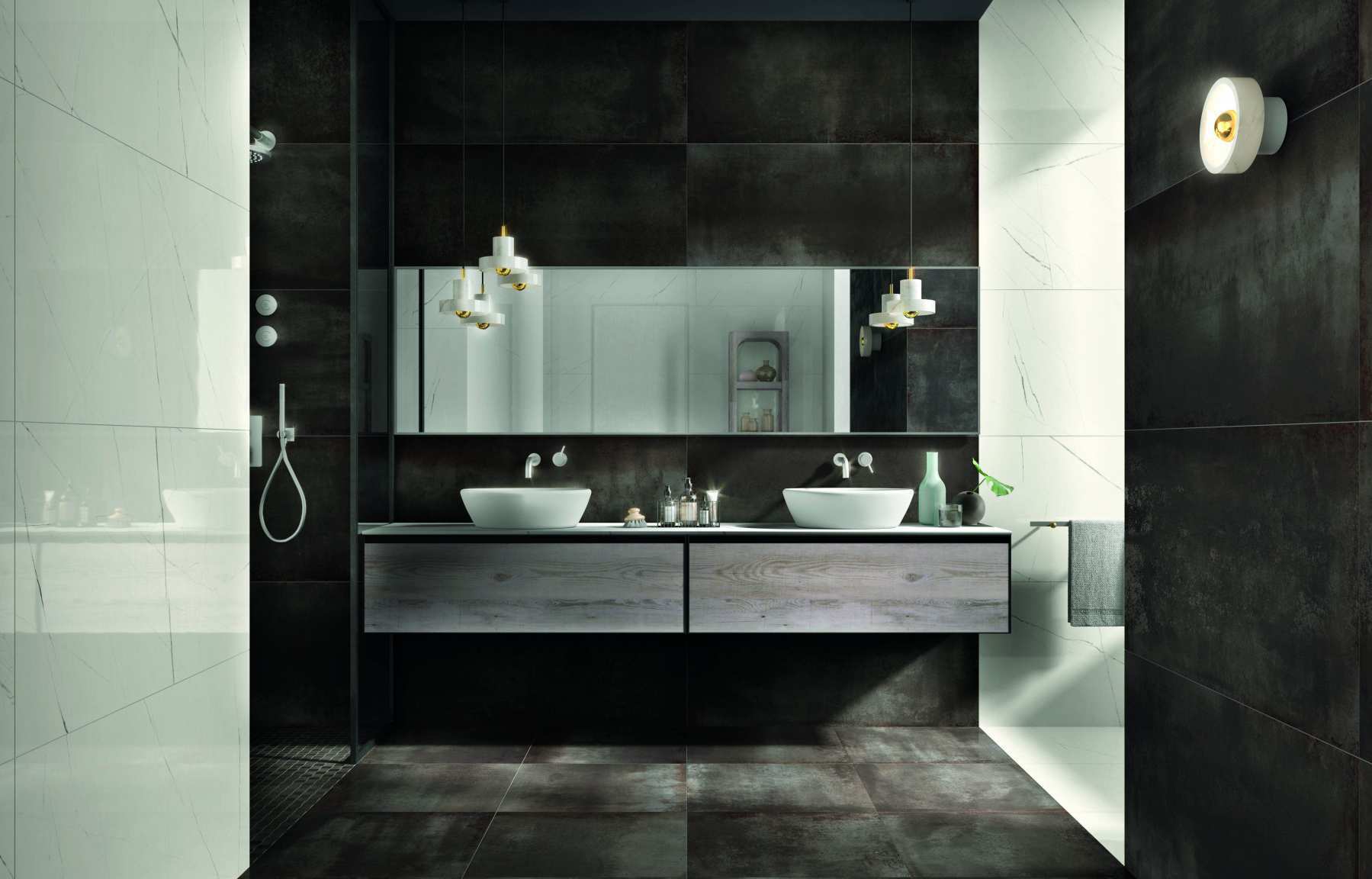 Sodobna kopalnica s temnimi keramičnimi ploščicami