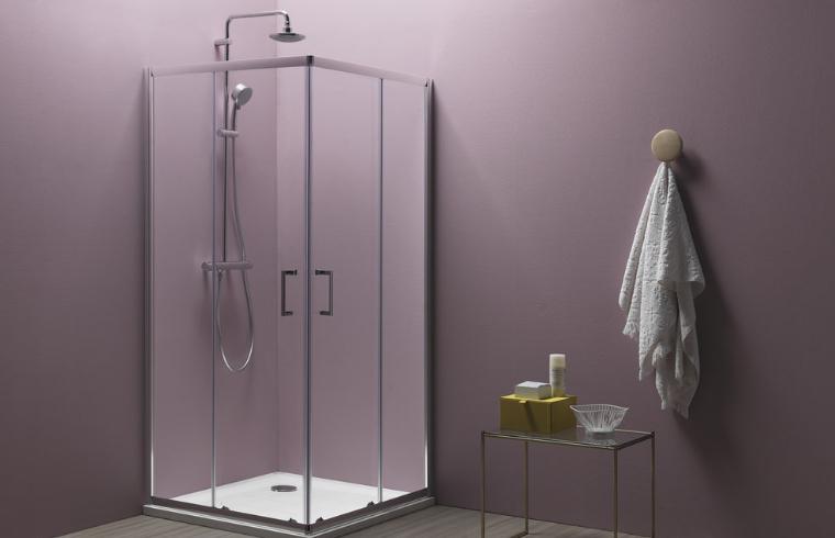 Steklena tuš kabina ob roza steni